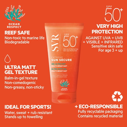 SVR Extreme Sun Secure SPF50+ Ultra Matt Gel Sunscreen tube by Beauty Care Bag, orange packaging on Tampa Home & Garden Store