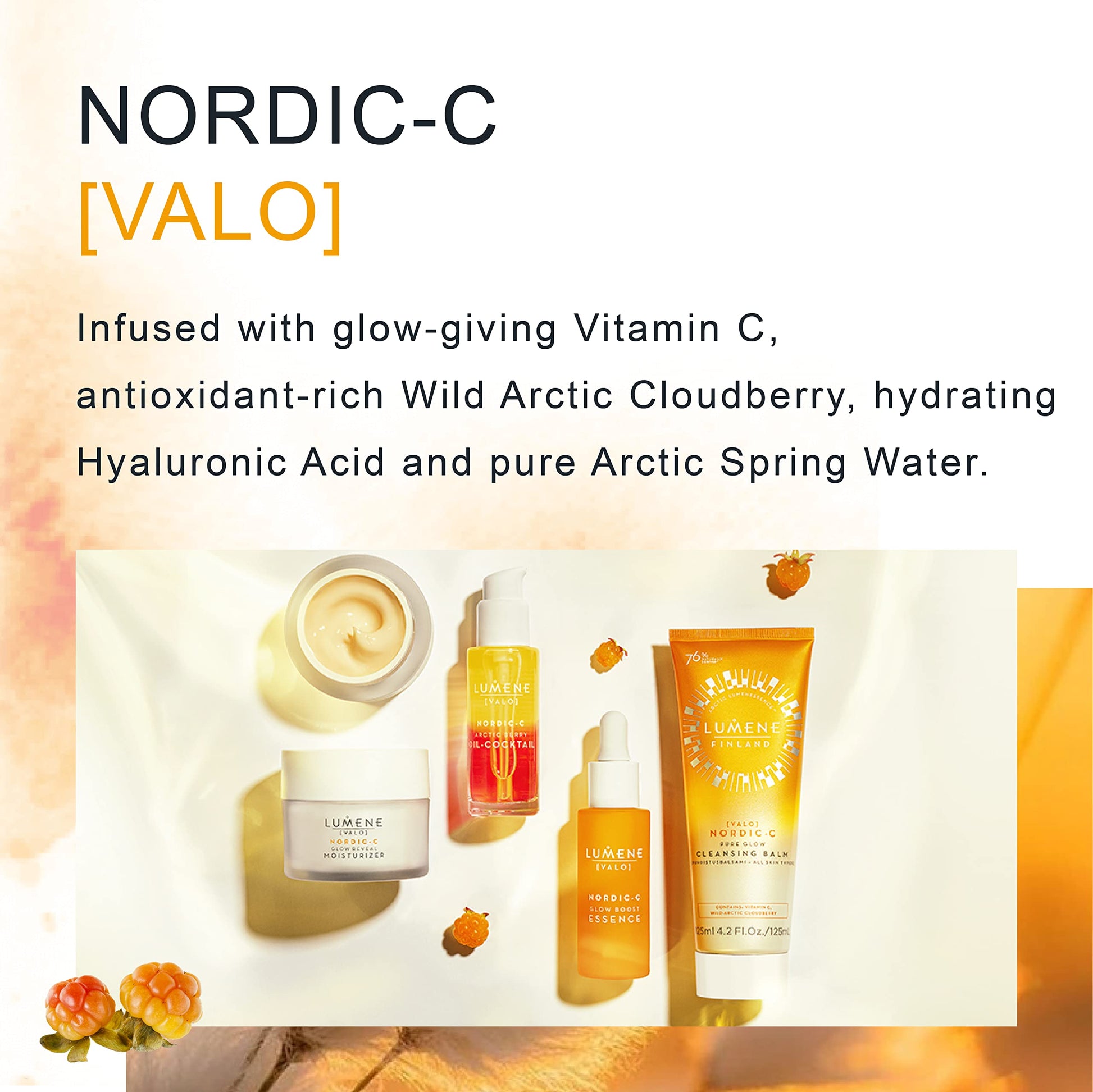 Lumene Nordic-C VALO skincare set with orange packaging including moisturizer and serum on Tampa Home & Garden Store