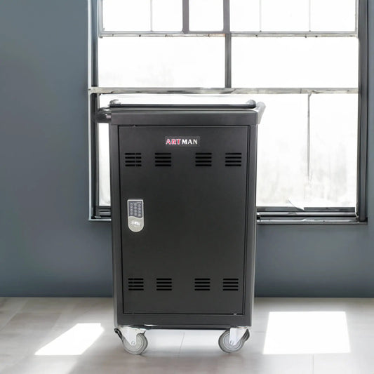 Mobile charging cart and cabinet for tablets, black metal with keypad lock, ARTMAN on wheels on Tampa Home & Garden Store