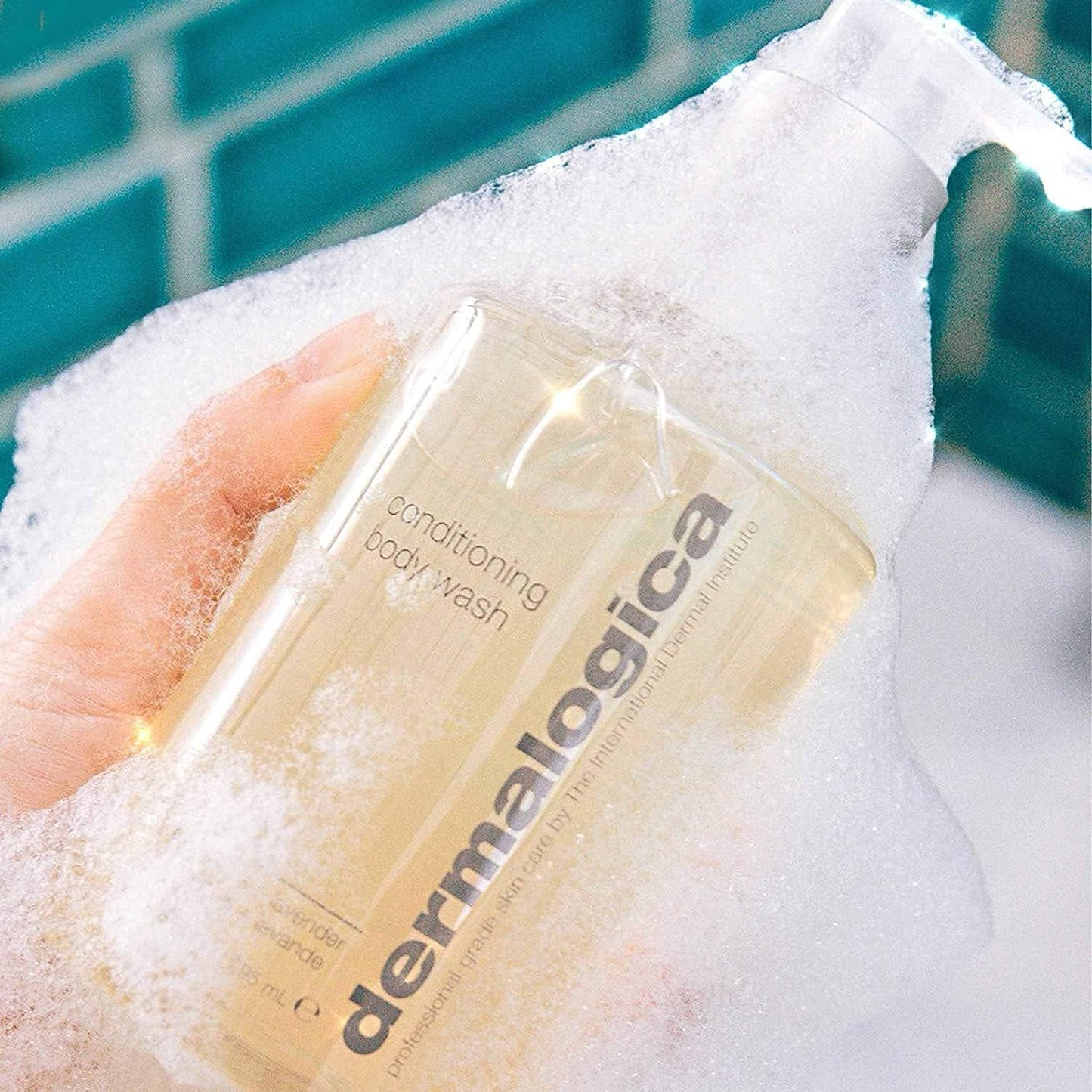 Dermalogica conditioning body wash bottle with beige liquid held in ice block on Tampa Home & Garden Store