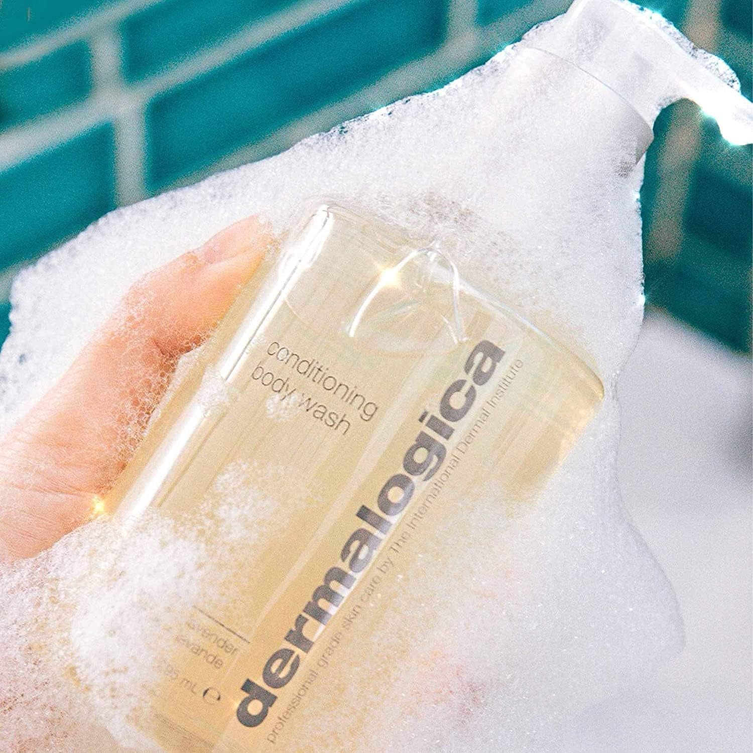 Dermalogica conditioning body wash bottle with beige liquid held in ice block on Tampa Home & Garden Store