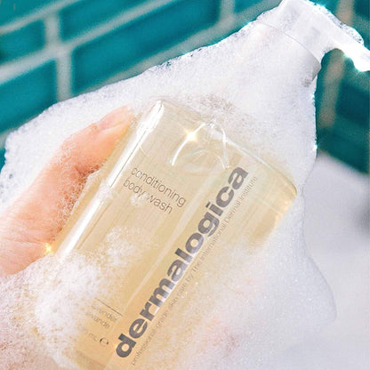 Dermalogica conditioning body wash bottle with beige liquid held in ice block on Tampa Home & Garden Store