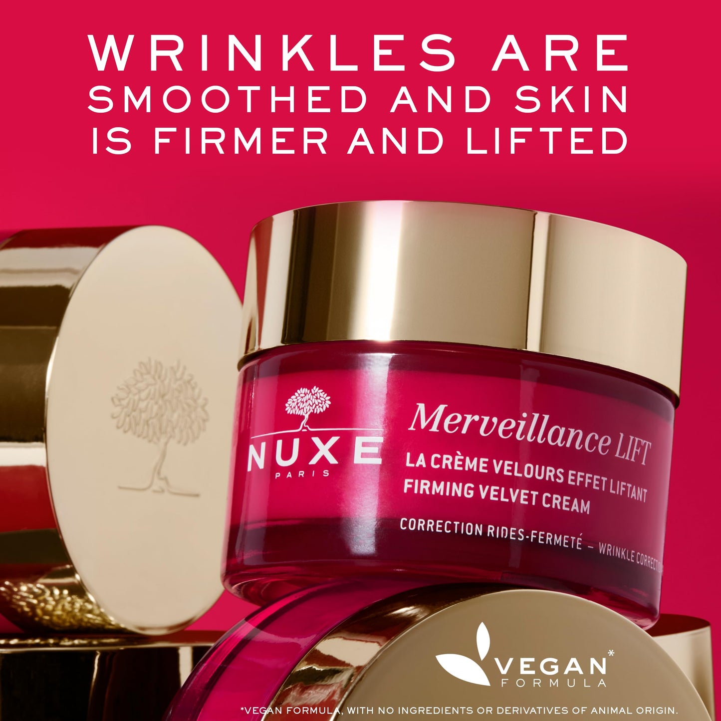 Nuxe Merveillance Lift Firming Velvet Cream jars with pink label and gold cap vegan formula badge on Tampa Home & Garden Store