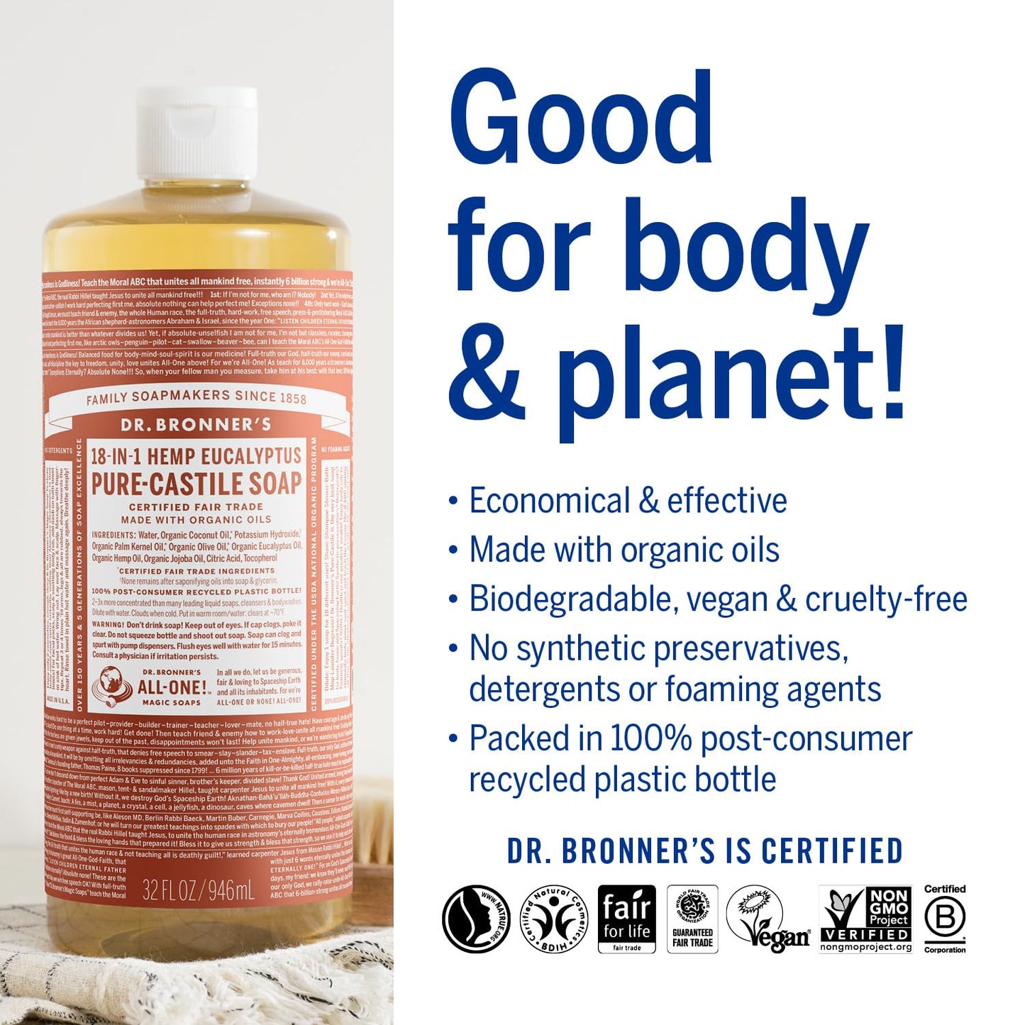 Dr. Bronner's hemp eucalyptus soap bottle with pink label, 32 oz on Tampa Home & Garden Store