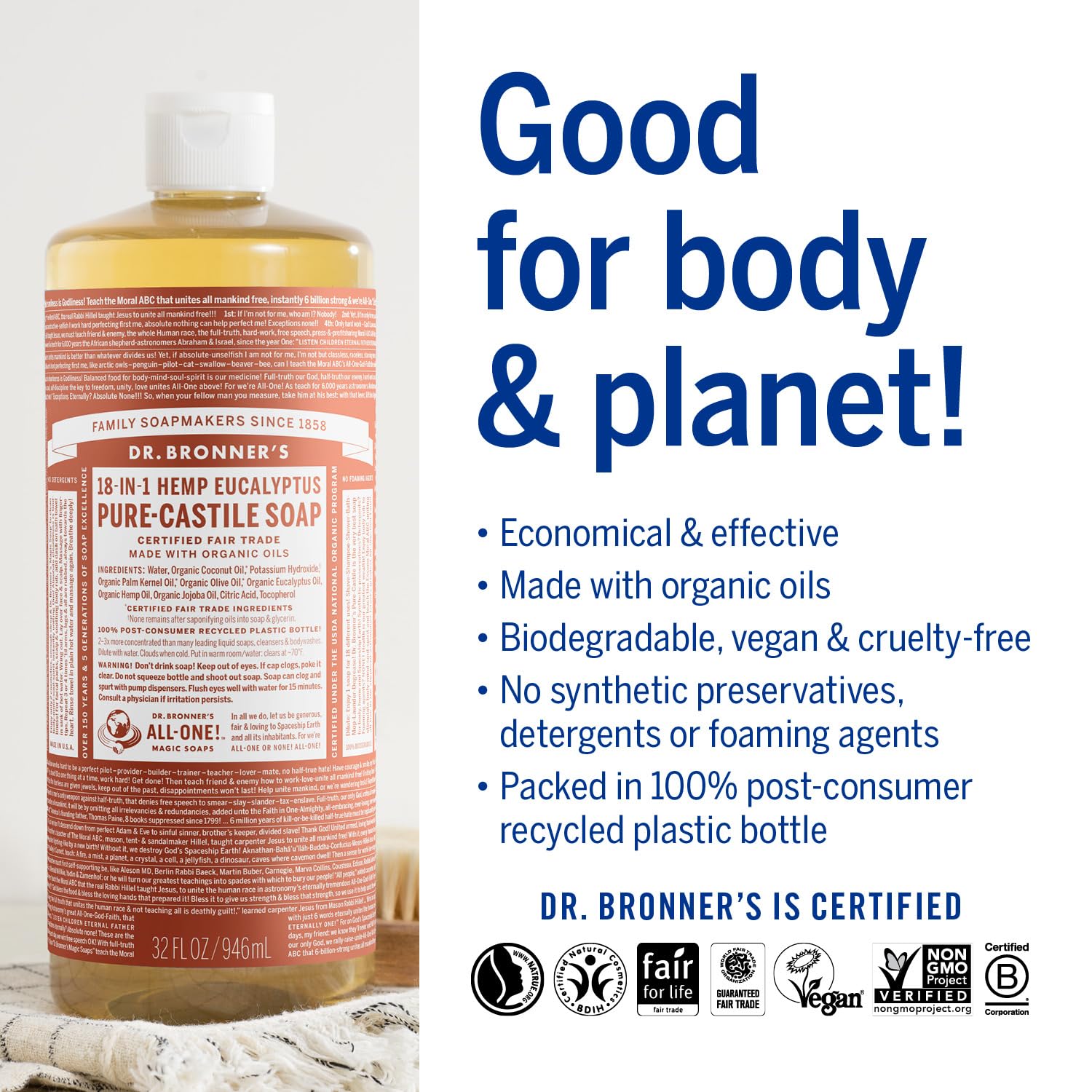 Dr. Bronner's hemp eucalyptus soap bottle with pink label, 32 oz on Tampa Home & Garden Store