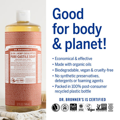 Dr. Bronner's hemp eucalyptus soap bottle with pink label, 32 oz on Tampa Home & Garden Store