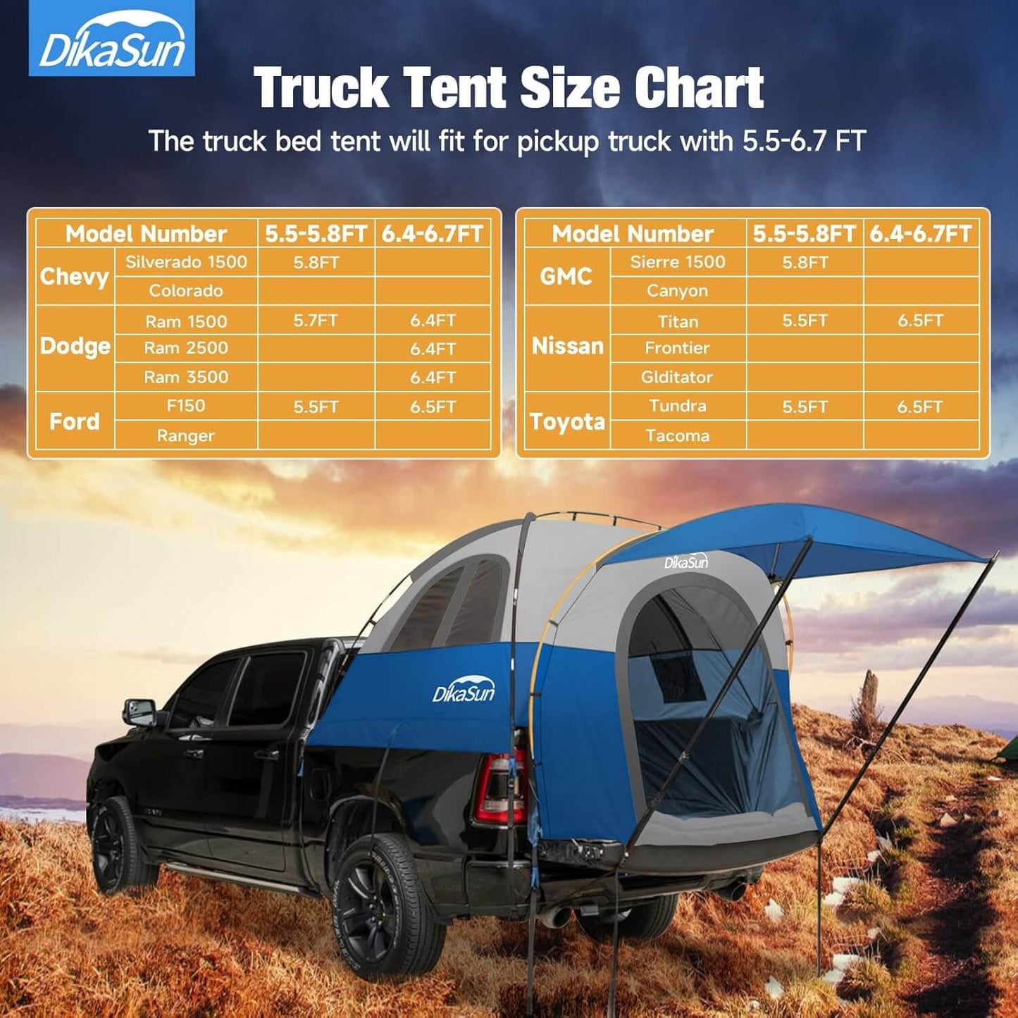 Truck bed tent Dikasun Outdoor, blue with awning attached to a black pickup truck, desert landscape on Tampa Home & Garden Store