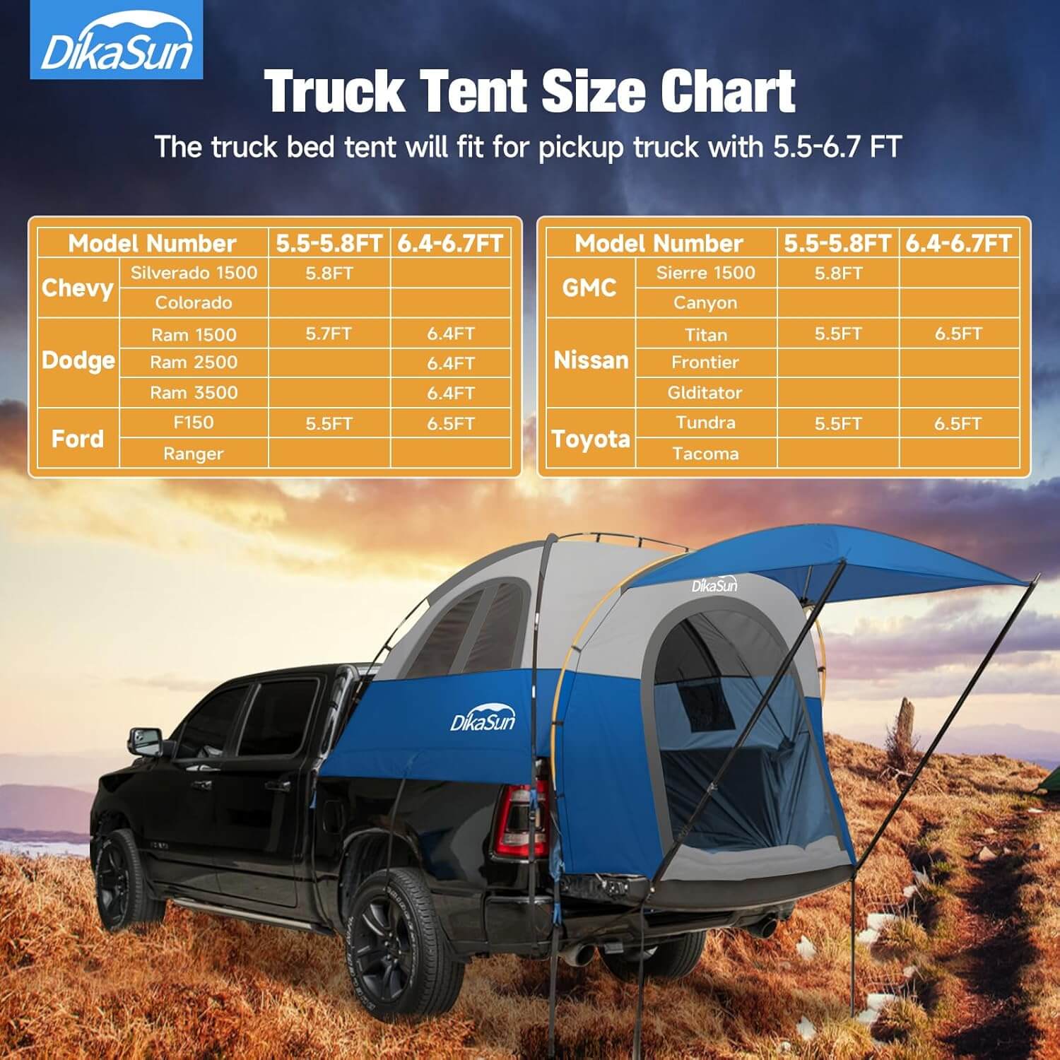 Truck bed tent Dikasun Outdoor, blue with awning attached to a black pickup truck, desert landscape on Tampa Home & Garden Store
