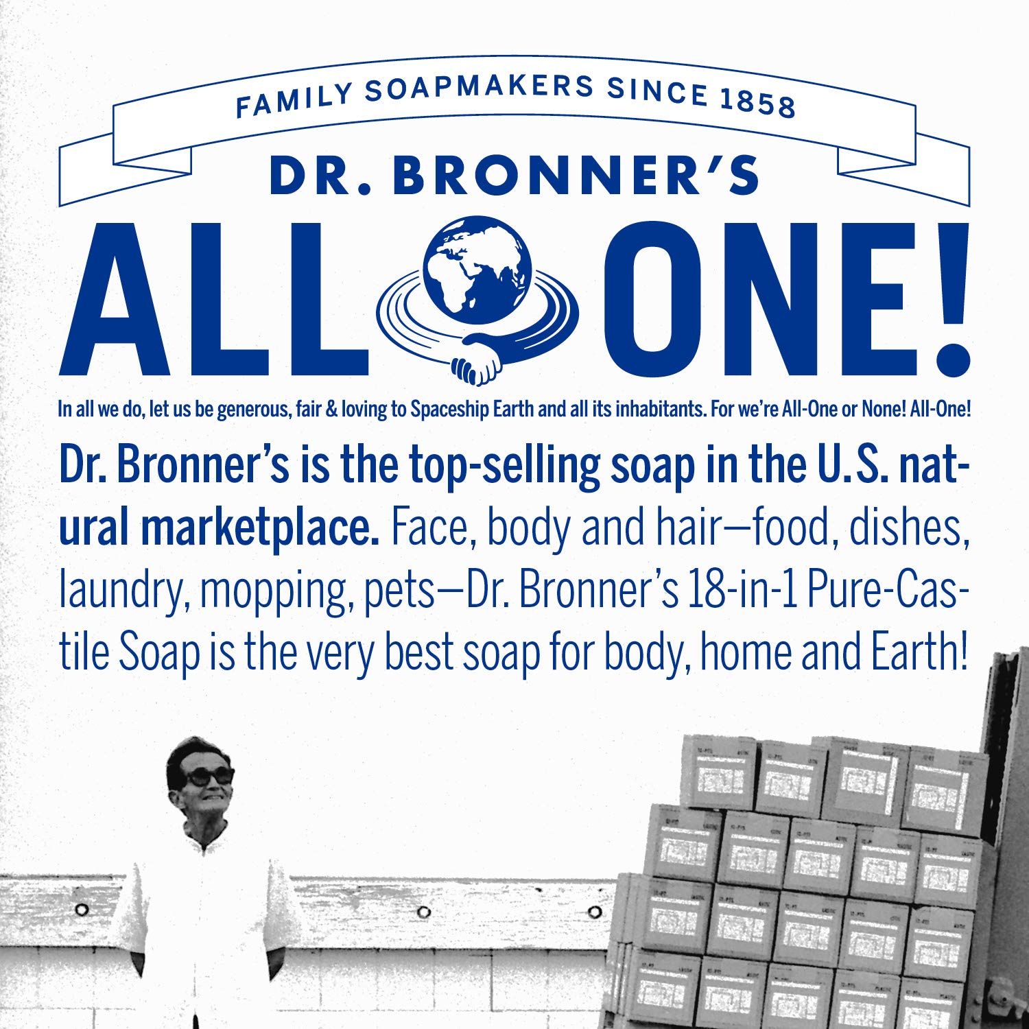 Soap poster Dr. Bronner's All-One with globe logo and stacked boxes in view on Tampa Home & Garden Store