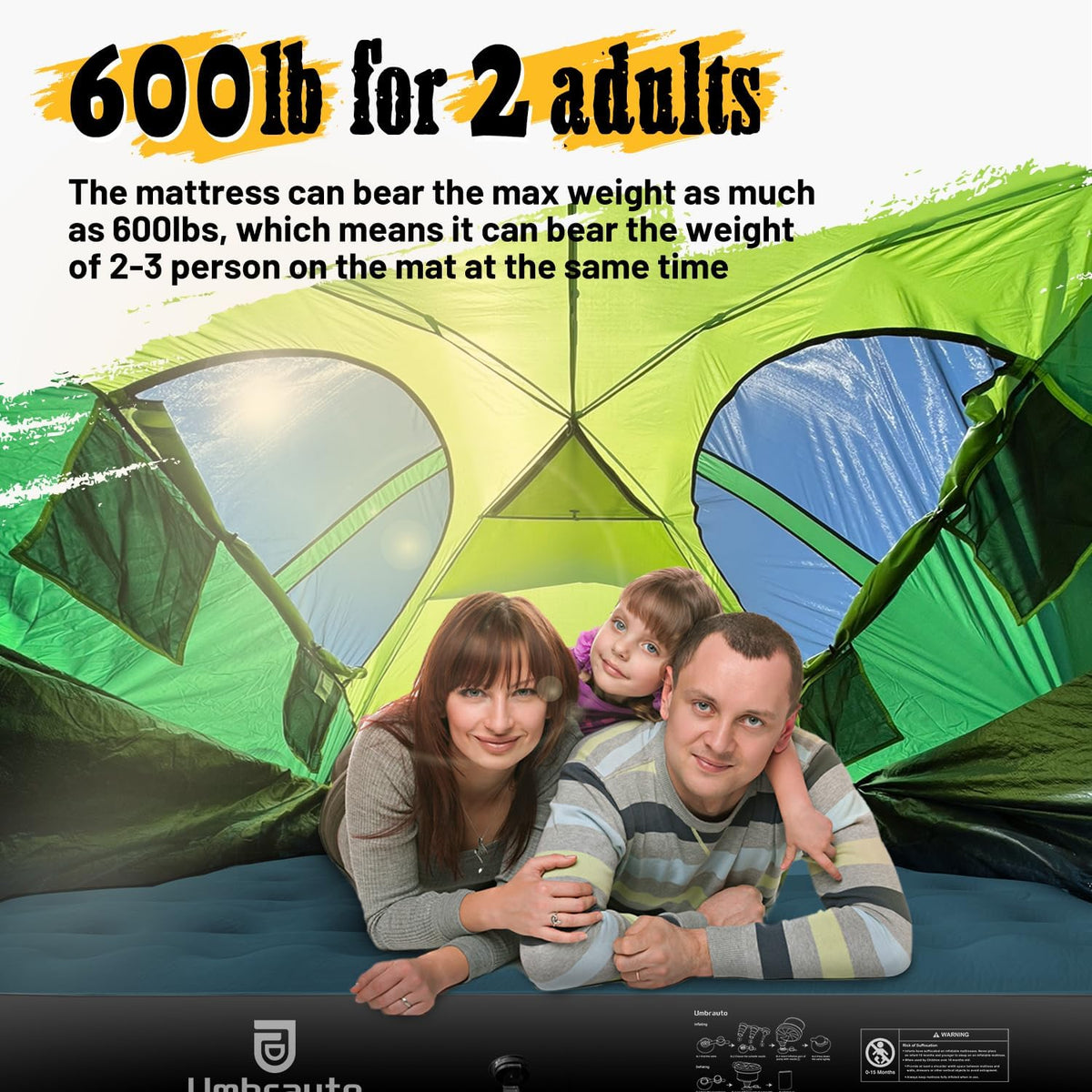 Umbrauto truck bed air mattress teal 5.5-5.8 ft with family relaxing on it in a camping tent on Tampa Home & Garden Store
