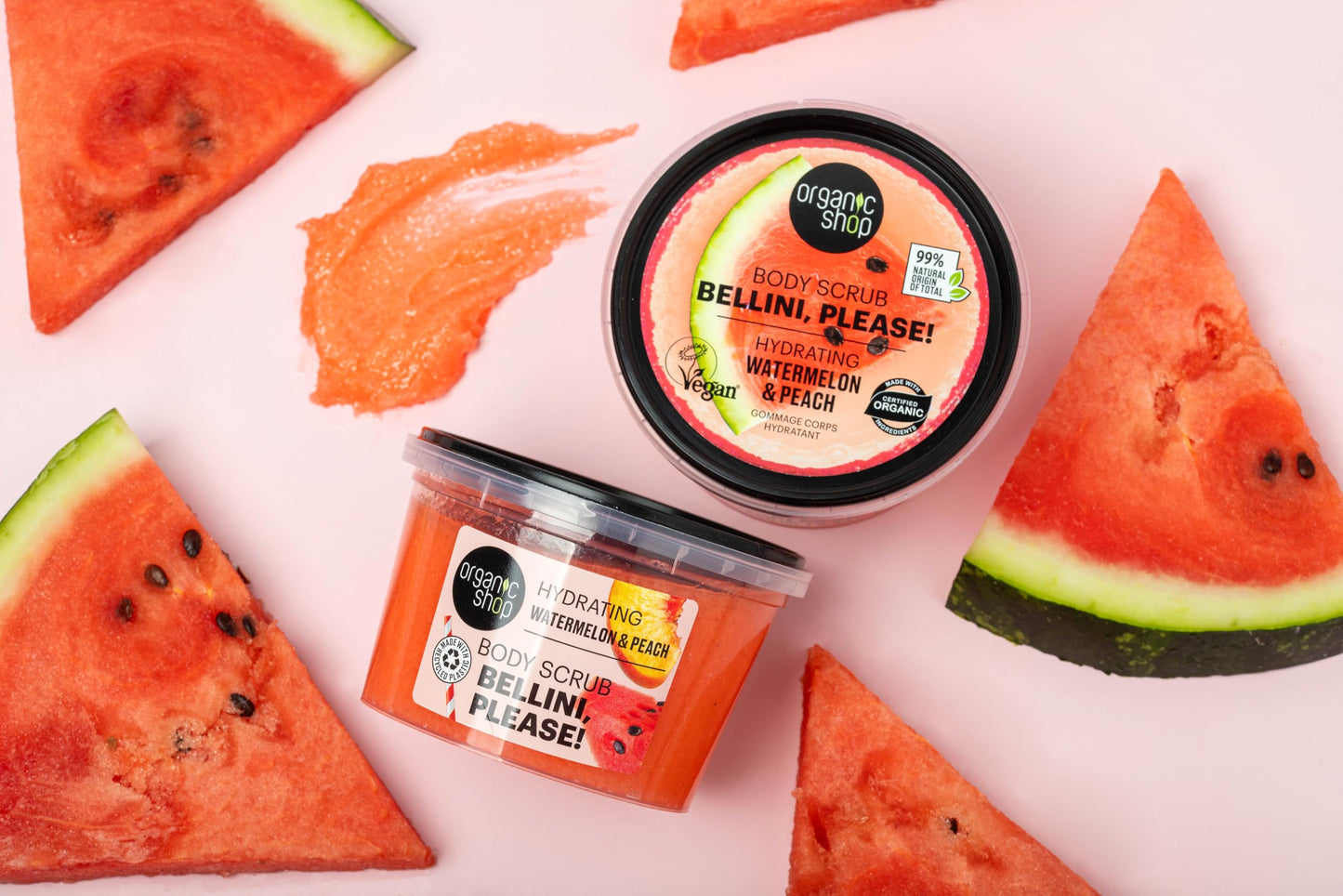 Organic Shop body scrub Bellini, Please! hydrates watermelon & peach on pink background on Tampa Home & Garden Store