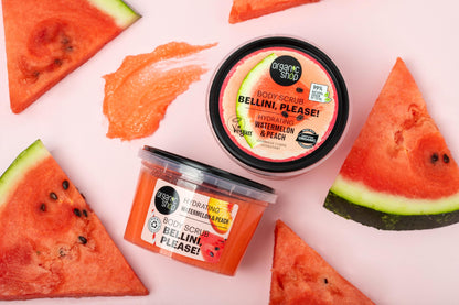 Organic Shop body scrub Bellini, Please! hydrates watermelon & peach on pink background on Tampa Home & Garden Store
