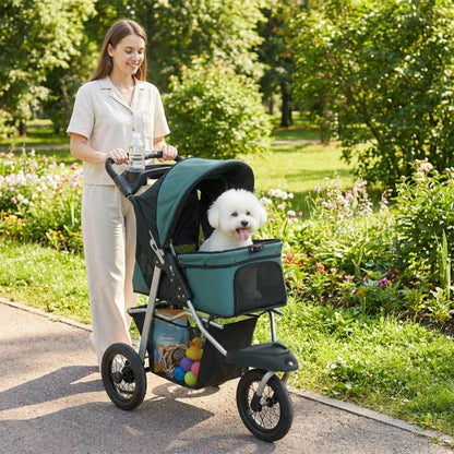 Compact All-Terrain Pet Stroller teal with white dog in basket as woman pushes along path on Tampa Home & Garden Store