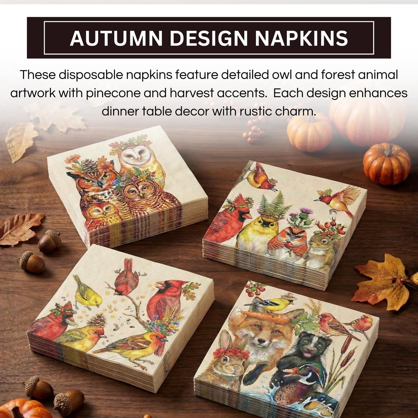 Woodland Owl Napkins and Beige Fall Party Decor