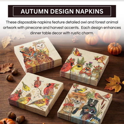 Woodland Owl Napkins and Beige Fall Party Decor