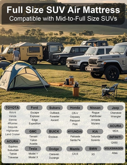 Umbrauto 63in Extended SUV Mattress black at a sunlit campsite with several SUVs and a tent on Tampa Home & Garden Store