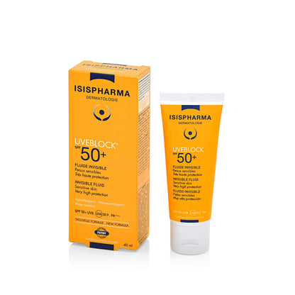 Isispharma UVEBLOCK Invisible Fluid SPF50+ sunscreen, orange tube with UVA/UVB protection on Tampa Home & Garden Store