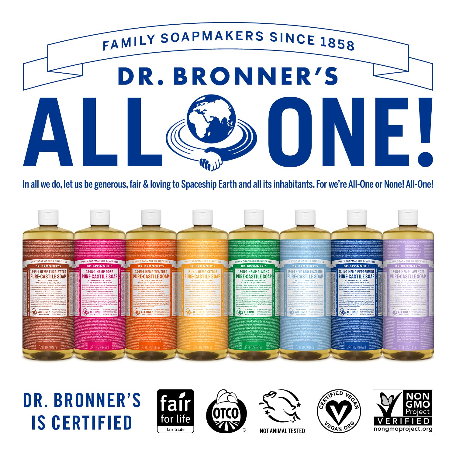 Dr. Bronner's All-One Pure-Castile Soap rainbow bottles lined up, 12-pack on Tampa Home & Garden Store