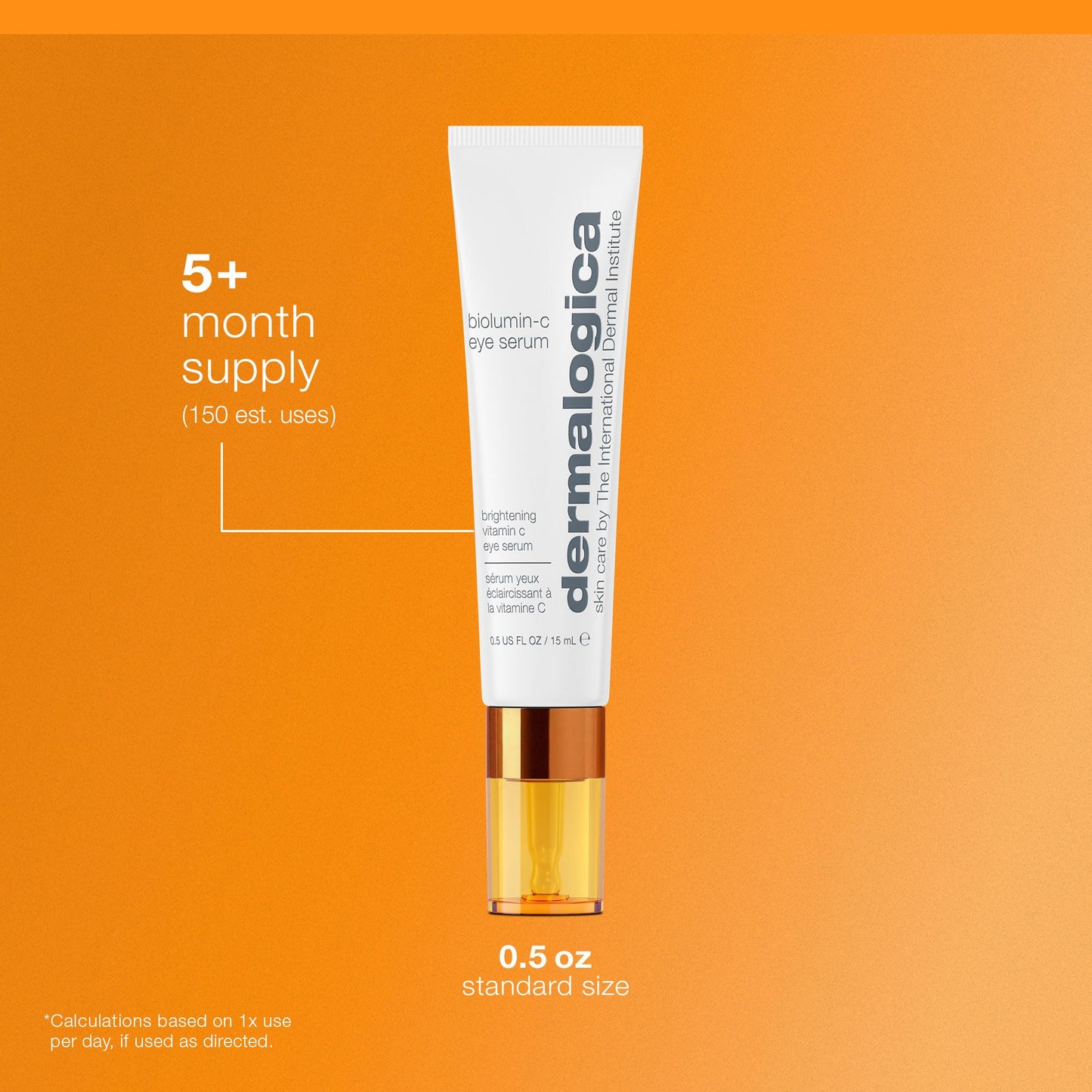 Dermalogica Biolumin-C eye serum tube white with gray logo tall slender packaging on orange background on Tampa Home & Garden Store