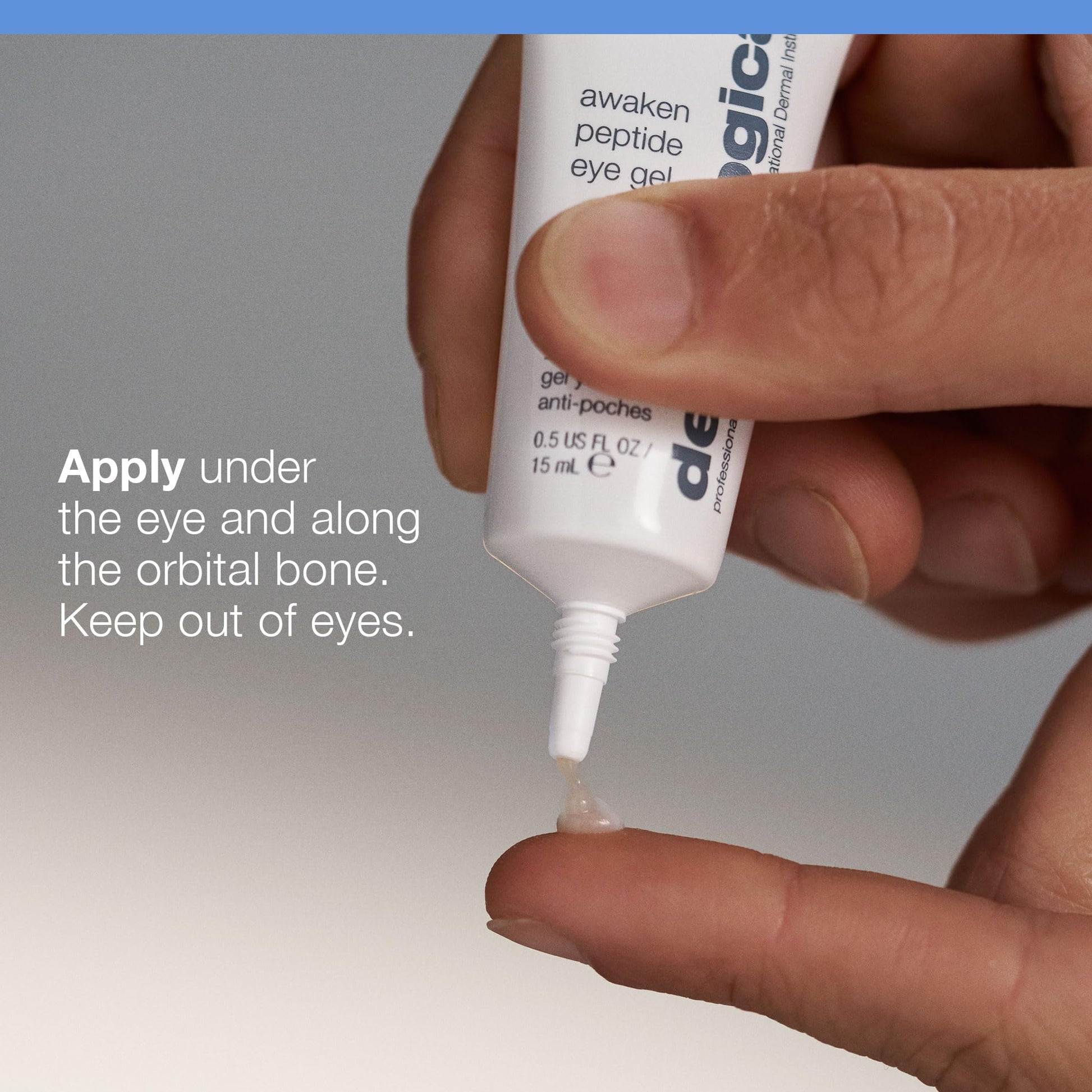 Eye cream Dermalogica Awaken Peptide Eye Gel in white tube held by fingers on Tampa Home & Garden Store