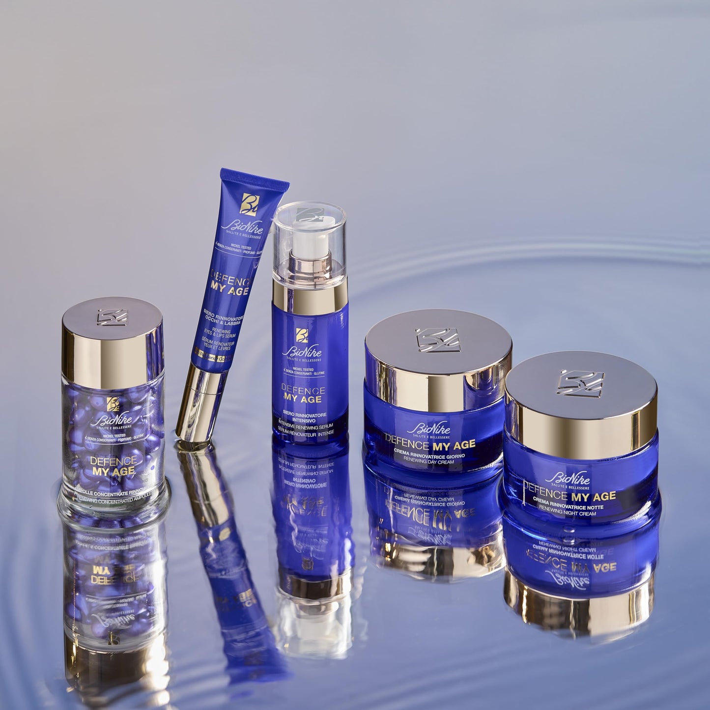 BioNike Defence My Age blue skincare tubes and jars with gold caps, 5-piece set on Tampa Home & Garden Store