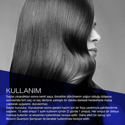 Bioxcin Quantum Extra Volume & Care Serum for hair, side view of a woman with long glossy hair on Tampa Home & Garden Store