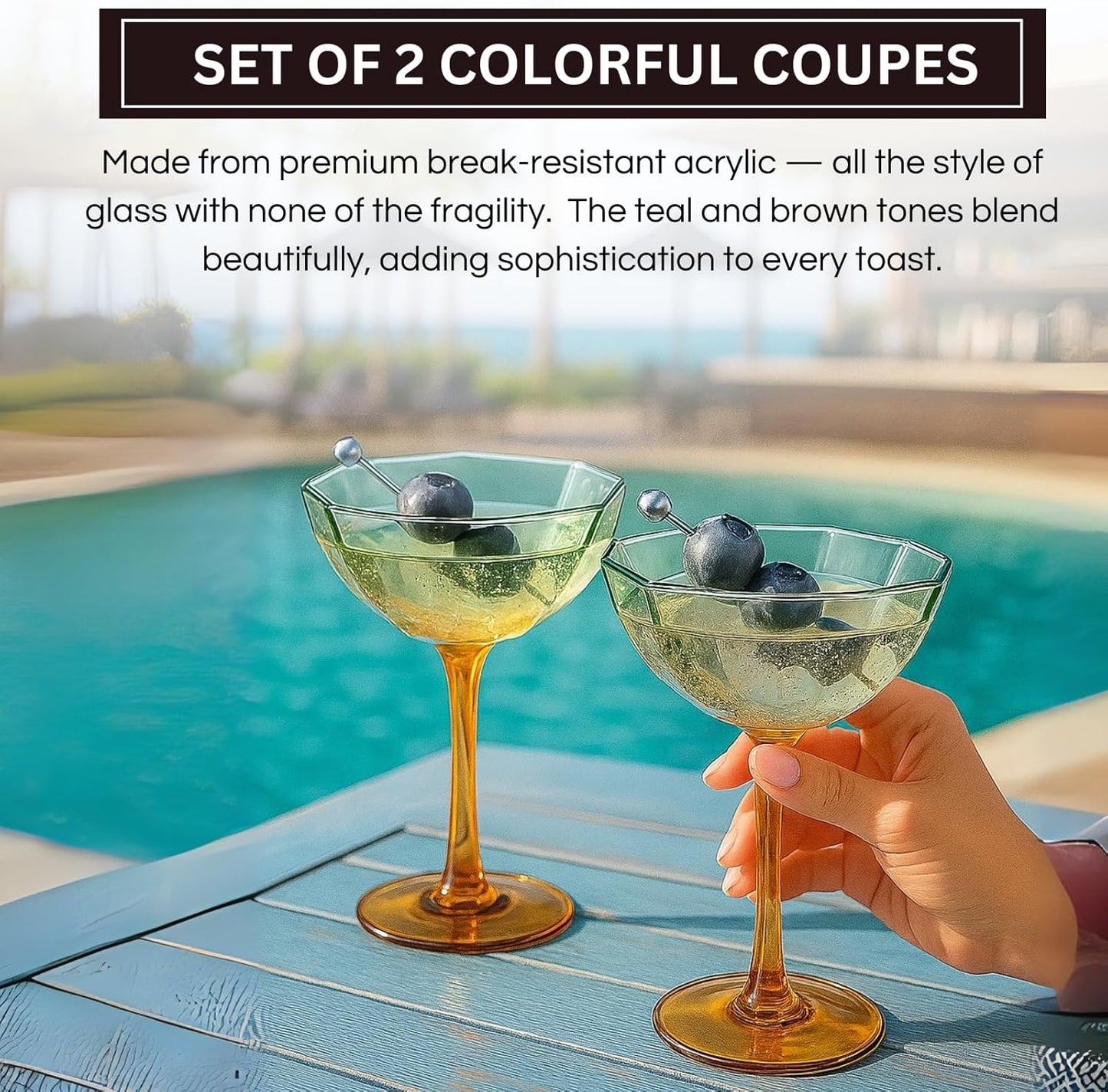 Elegant Hexagonal Teal and Brown Coupe Glasses