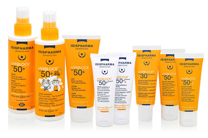 Isispharma UVEBLOCK sunscreen set: orange bottles and white tubes, SPF 50+ protection on Tampa Home & Garden Store