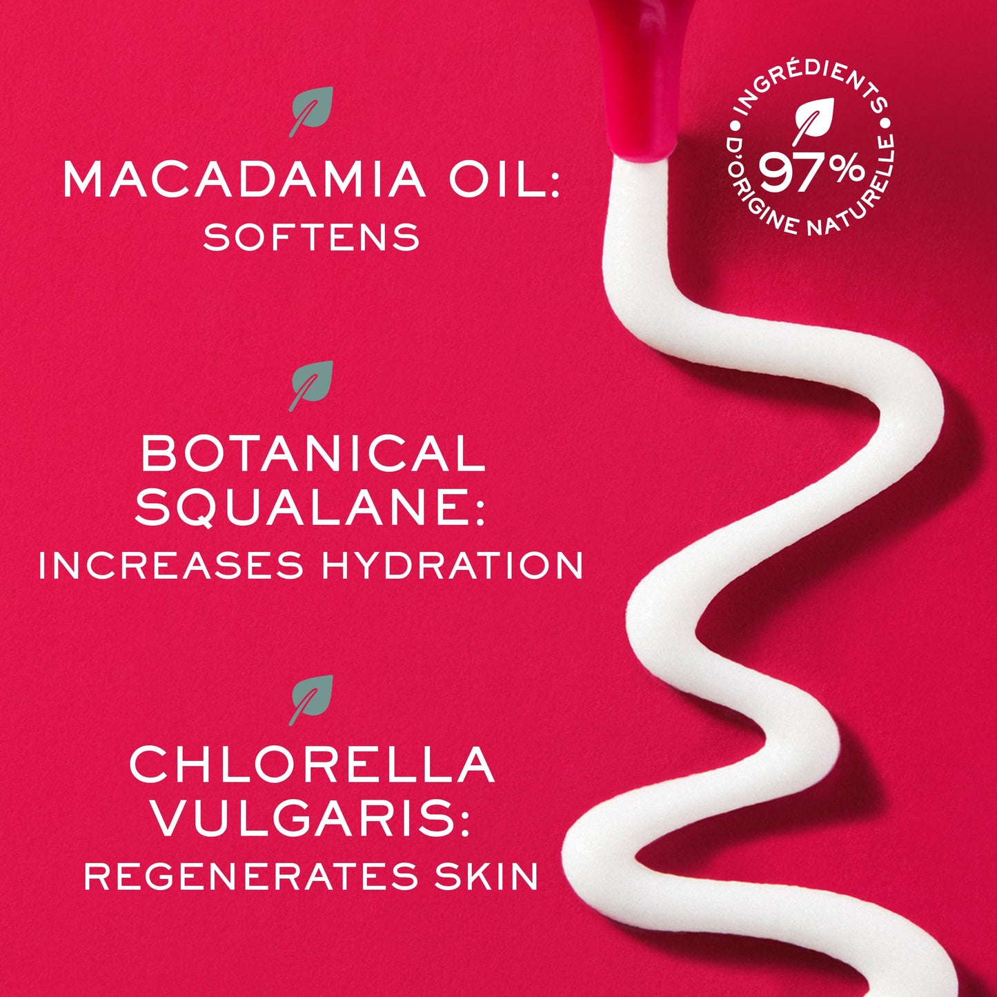 Eye cream ingredients graphic featuring macadamia oil, botanical squalane and chlorella vulgaris on Tampa Home & Garden Store