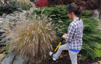 Spear Head Spade 40 in D-grip garden tool with yellow shaft held by a person in plaid in a yard on Tampa Home & Garden Store