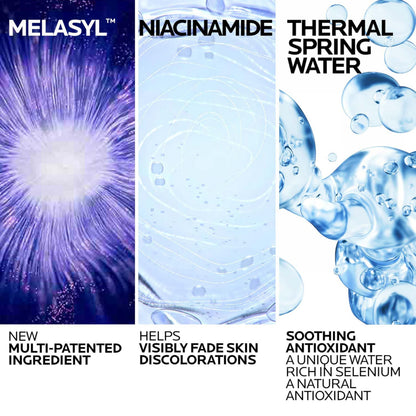 Face serum ingredients collage with Melasyl, Niacinamide & Thermal Spring Water on blue panels on Tampa Home & Garden Store