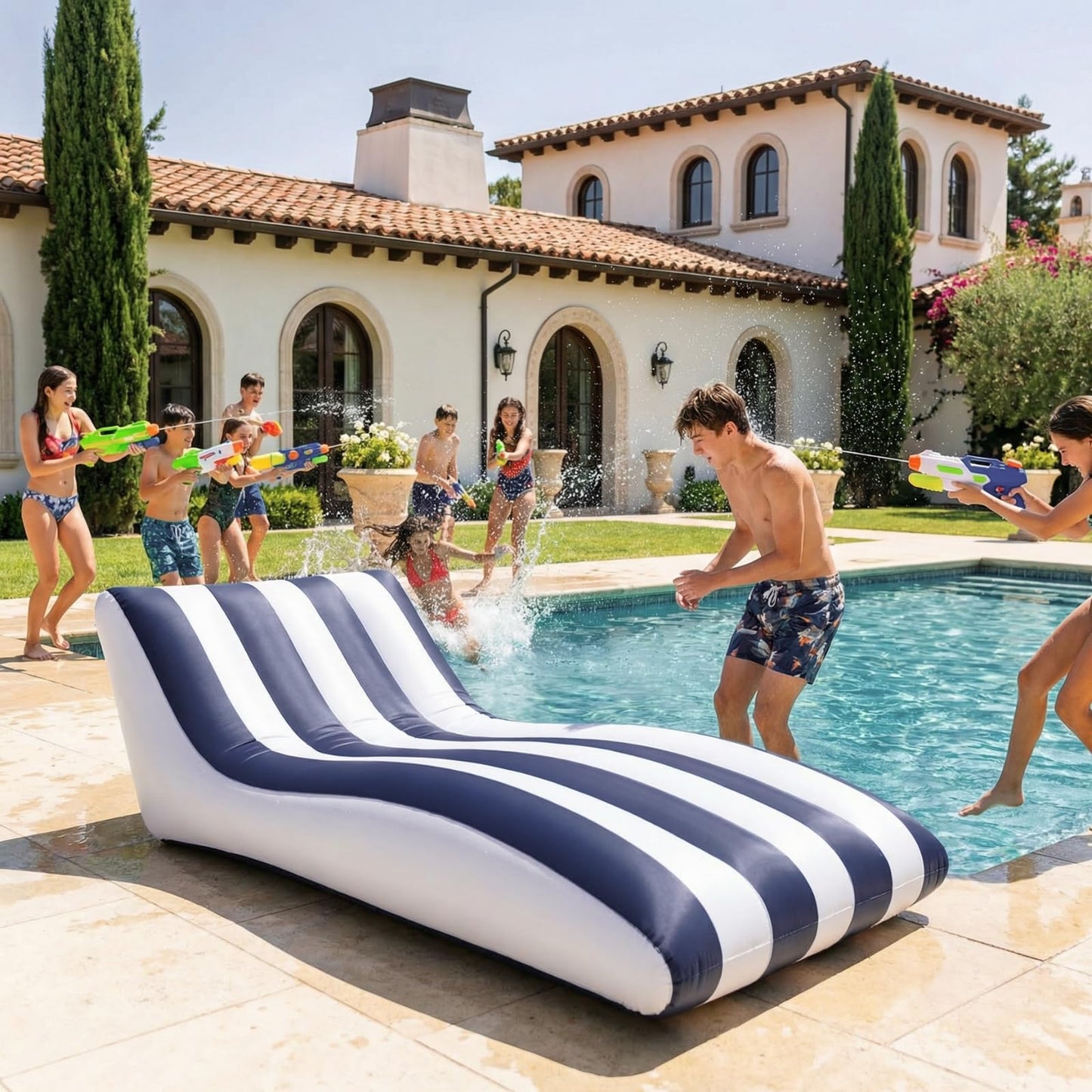 the Mediterranean Stripe Inflatable Pool Lounger