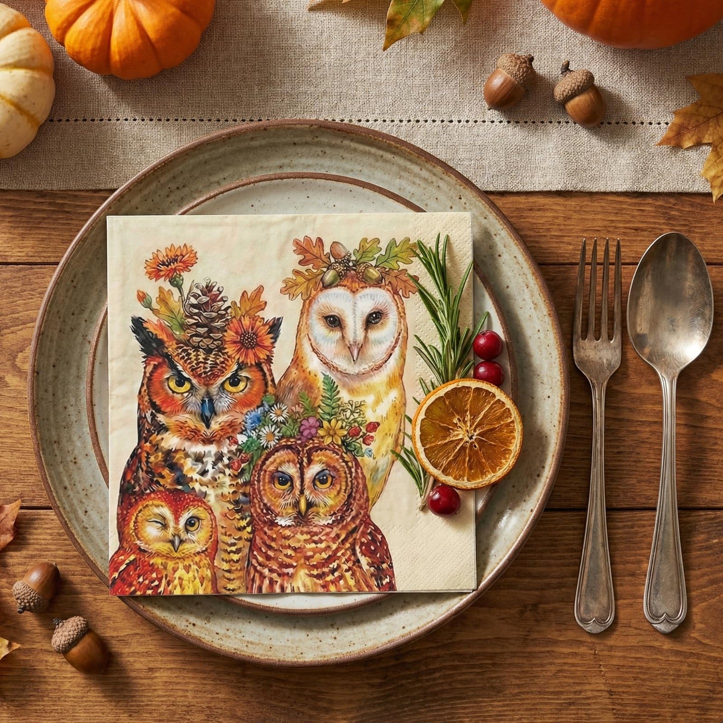 Woodland Owl Napkins and Beige Fall Party Decor