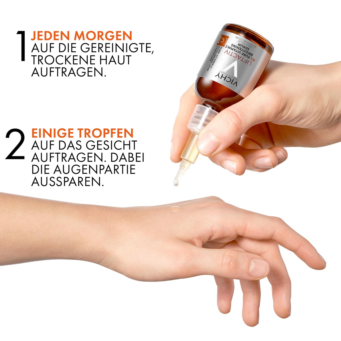 Vichy Liftactiv Vitamin C serum bottle with dropper, amber glass 20ml held in hand on Tampa Home & Garden Store