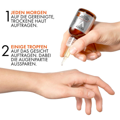 Vichy Liftactiv Vitamin C serum bottle with dropper, amber glass 20ml held in hand on Tampa Home & Garden Store