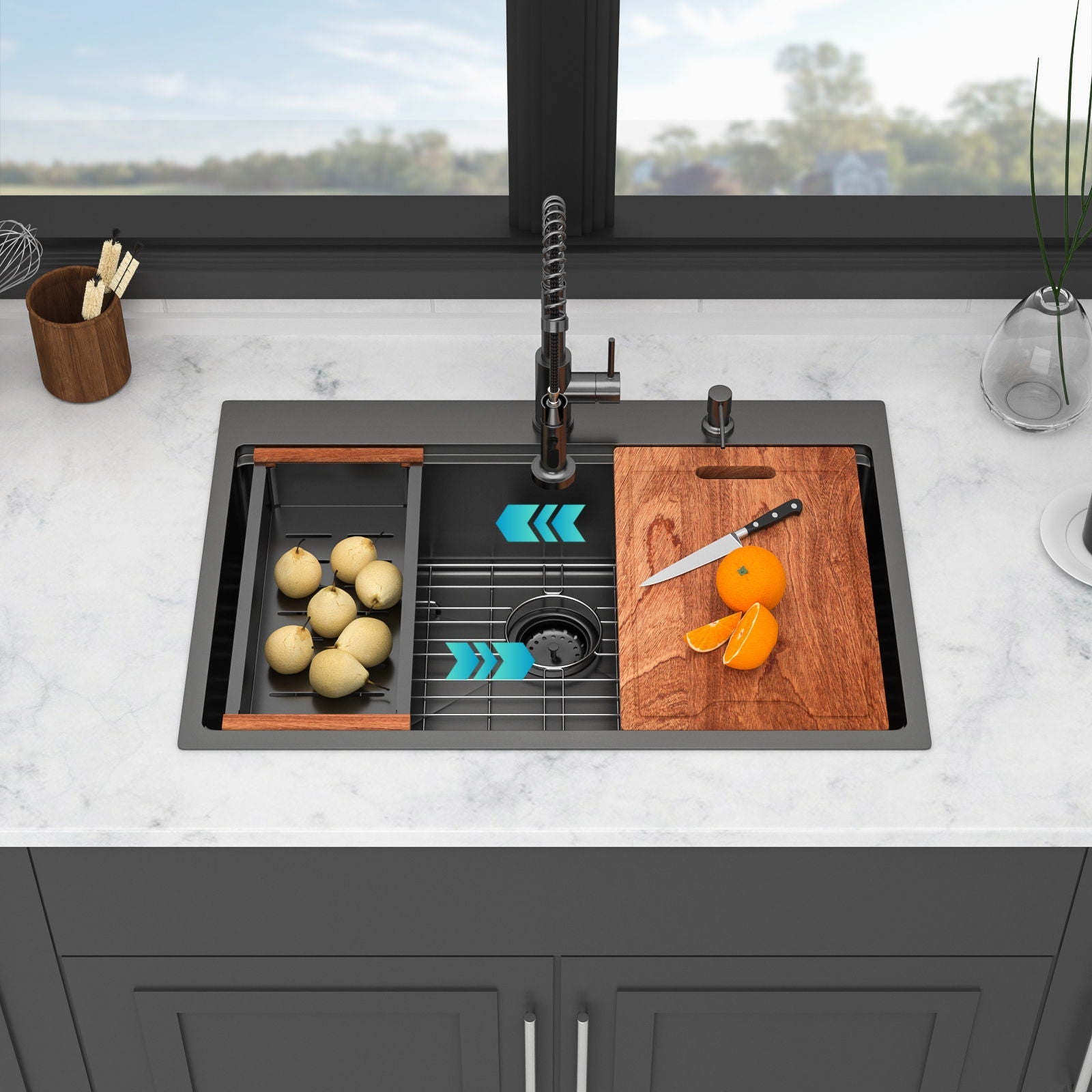 Drop-in sink HouseOfZazla, gunmetal black with single bowl, pull-out faucet and soap dispenser on Tampa Home & Garden Store