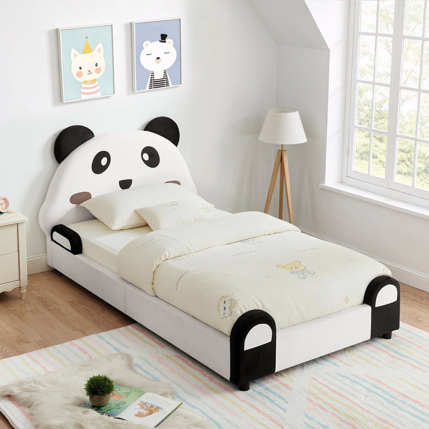 Twin size panda-shaped kids bed in white velvet with black ears by HouseOfZazla, beds & bed frames on Tampa Home & Garden Store