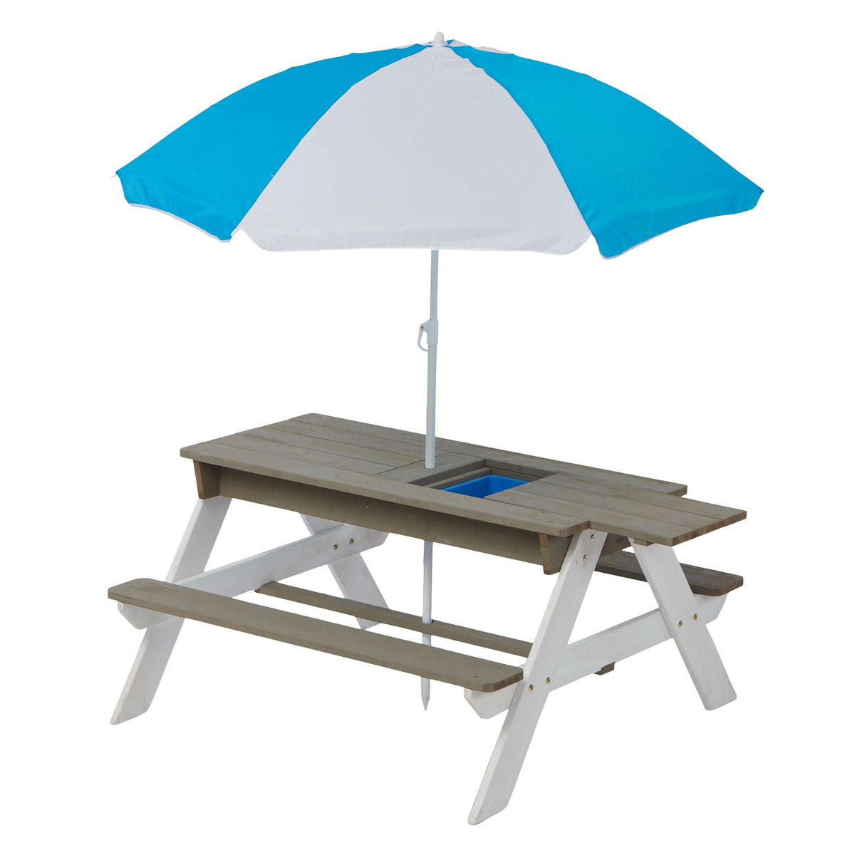 Kids cedar picnic table with sand and water play area under a blue and white umbrella on Tampa Home & Garden Store