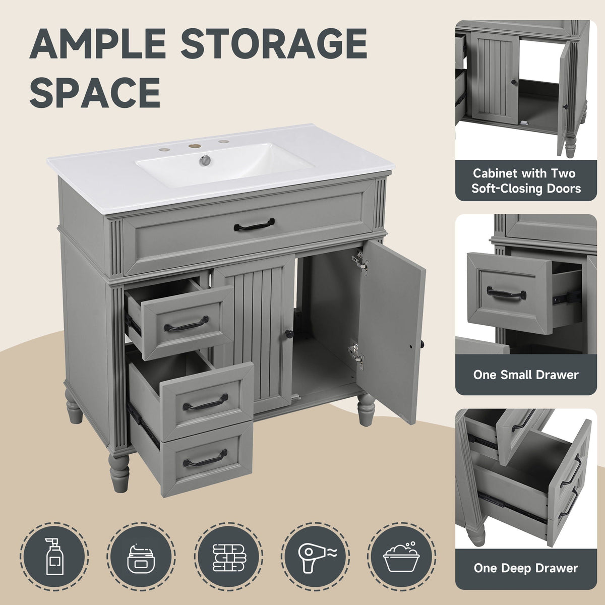 Bathroom vanity with sink and drawers in freestanding solid wood cabinet gray HouseOfZazla on Tampa Home & Garden Store