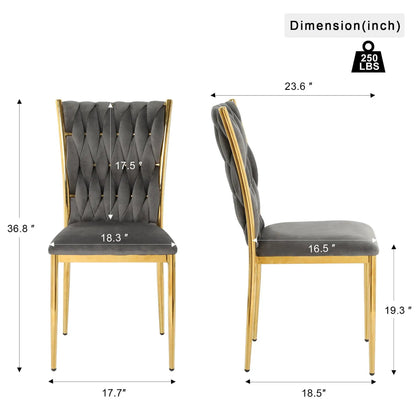 Pair of modern dining chairs by Unique Piece Furniture with gray tufted fabric and gold legs on Tampa Home & Garden Store