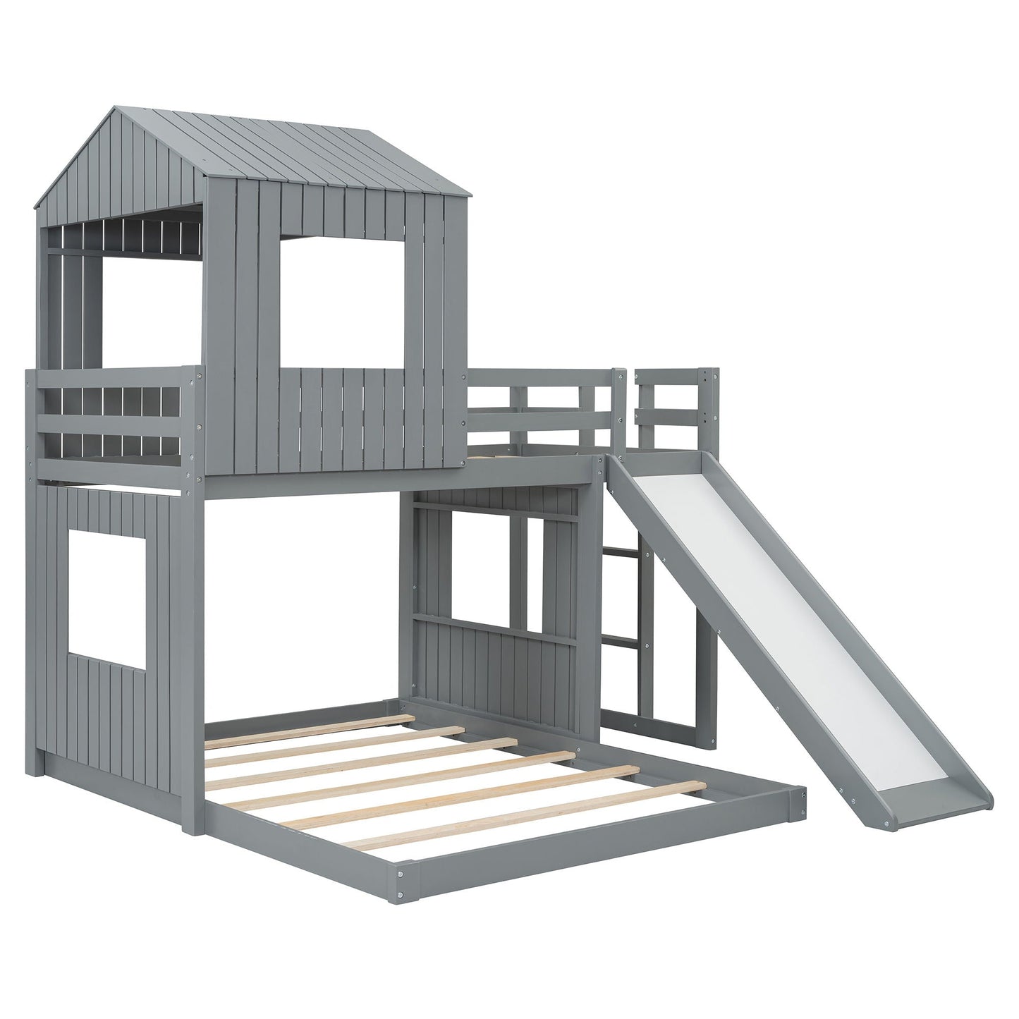 Loft bunk bed with playhouse by HouseOfZazla in gray wood, with guardrails, ladder and slide on Tampa Home & Garden Store
