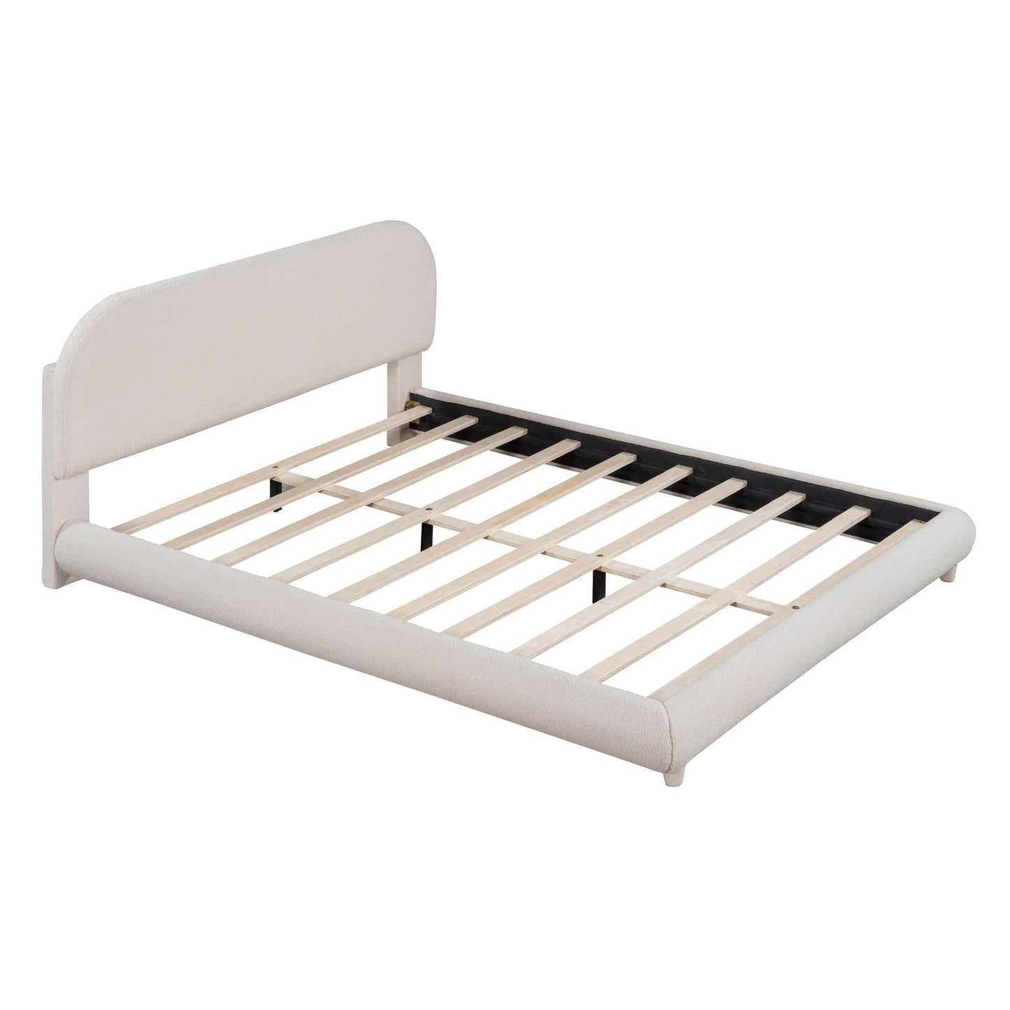 Upholstered platform bed with thick solid frame and curved beige headboard, exposed wooden slats on Tampa Home & Garden Store