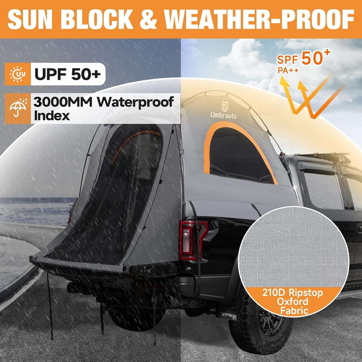 Umbrauto 6.4–6.7ft truck bed tent for 2, gray with orange trim, PU3000 waterproof, quick setup on Tampa Home & Garden Store