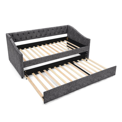 Upholstered daybed with pull-out trundle by HouseOfZazla gray fabric tufted back nailhead trim on Tampa Home & Garden Store