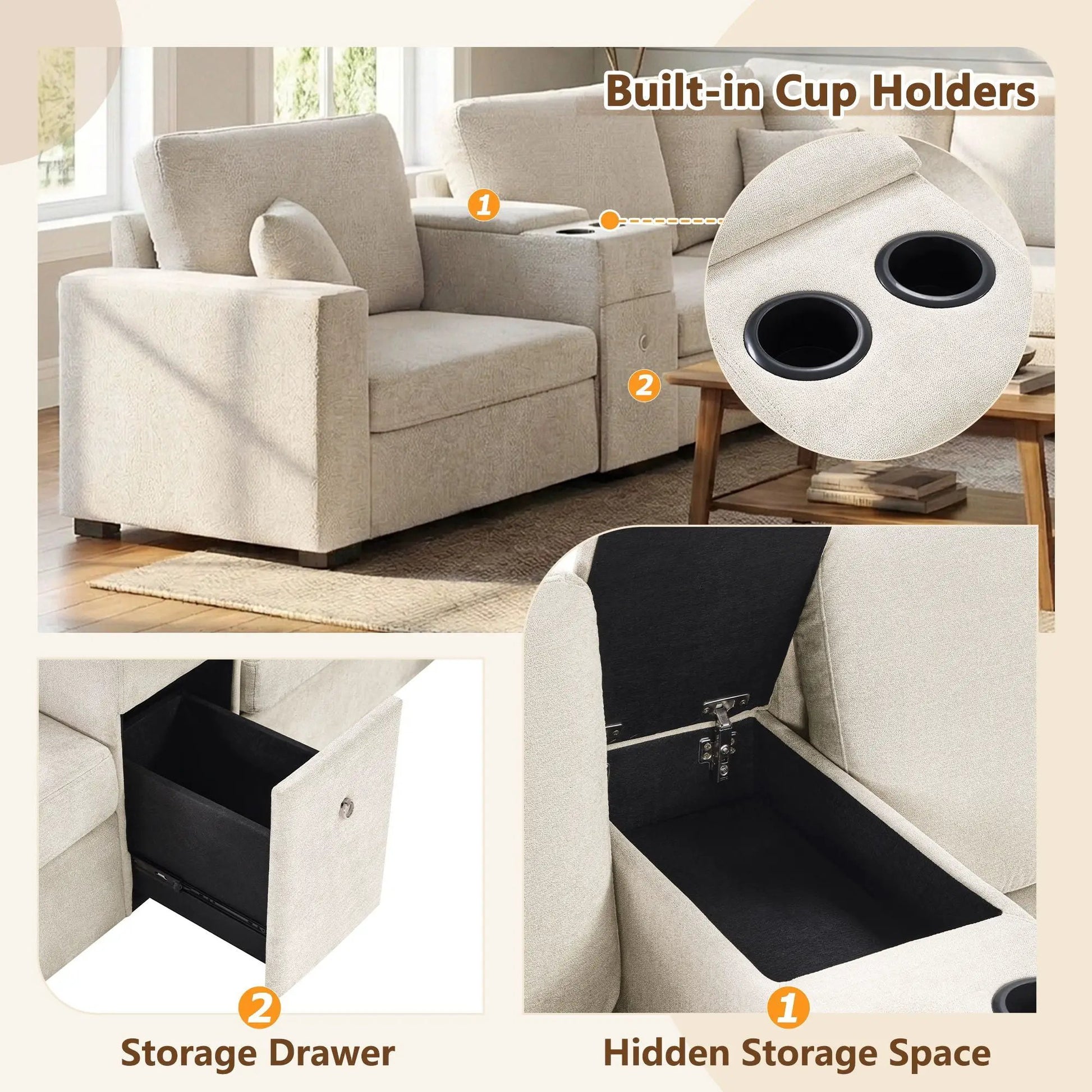 Modular 5-seat sectional sofa with chaise in beige fabric; cup holders and storage drawer on Tampa Home & Garden Store