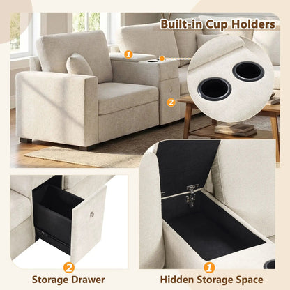 Modular 5-seat sectional sofa with chaise in beige fabric; cup holders and storage drawer on Tampa Home & Garden Store