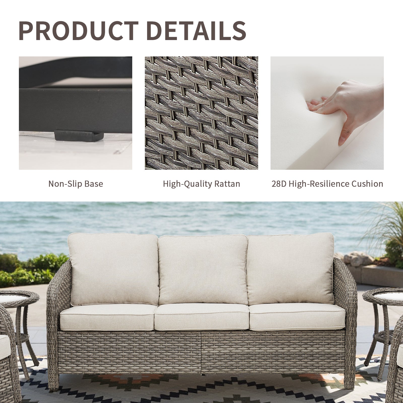 3-seat PE wicker outdoor sofa with beige cushions and brown rattan weave by HouseOfZazla on patio on Tampa Home & Garden Store