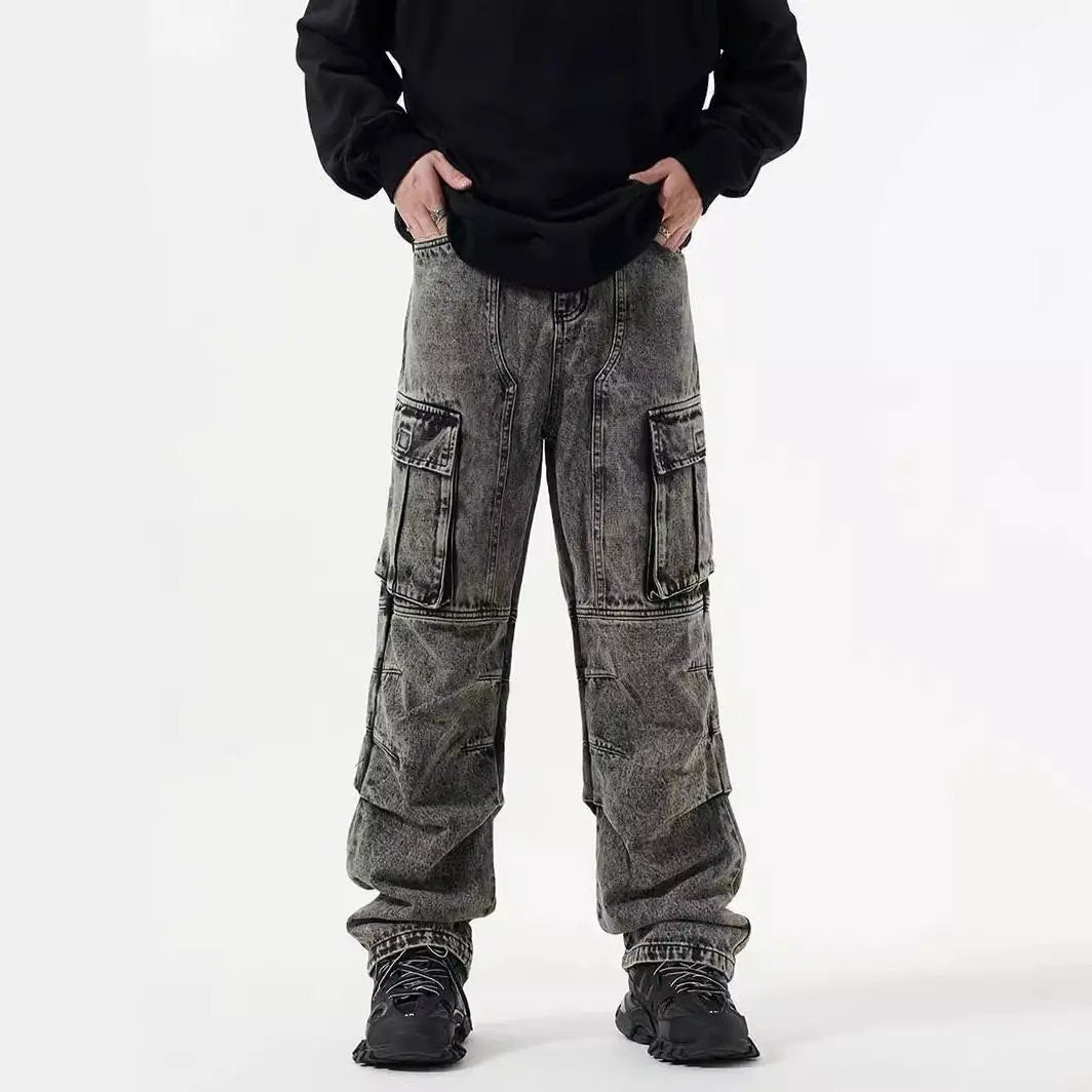 Washed distressed multi-pocket jeans with wide-leg straight silhouette in gray denim on Tampa Home & Garden Store