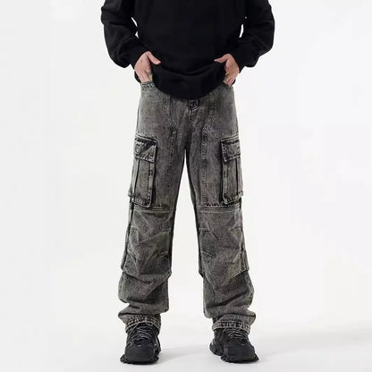 Washed distressed multi-pocket jeans with wide-leg straight silhouette in gray denim on Tampa Home & Garden Store