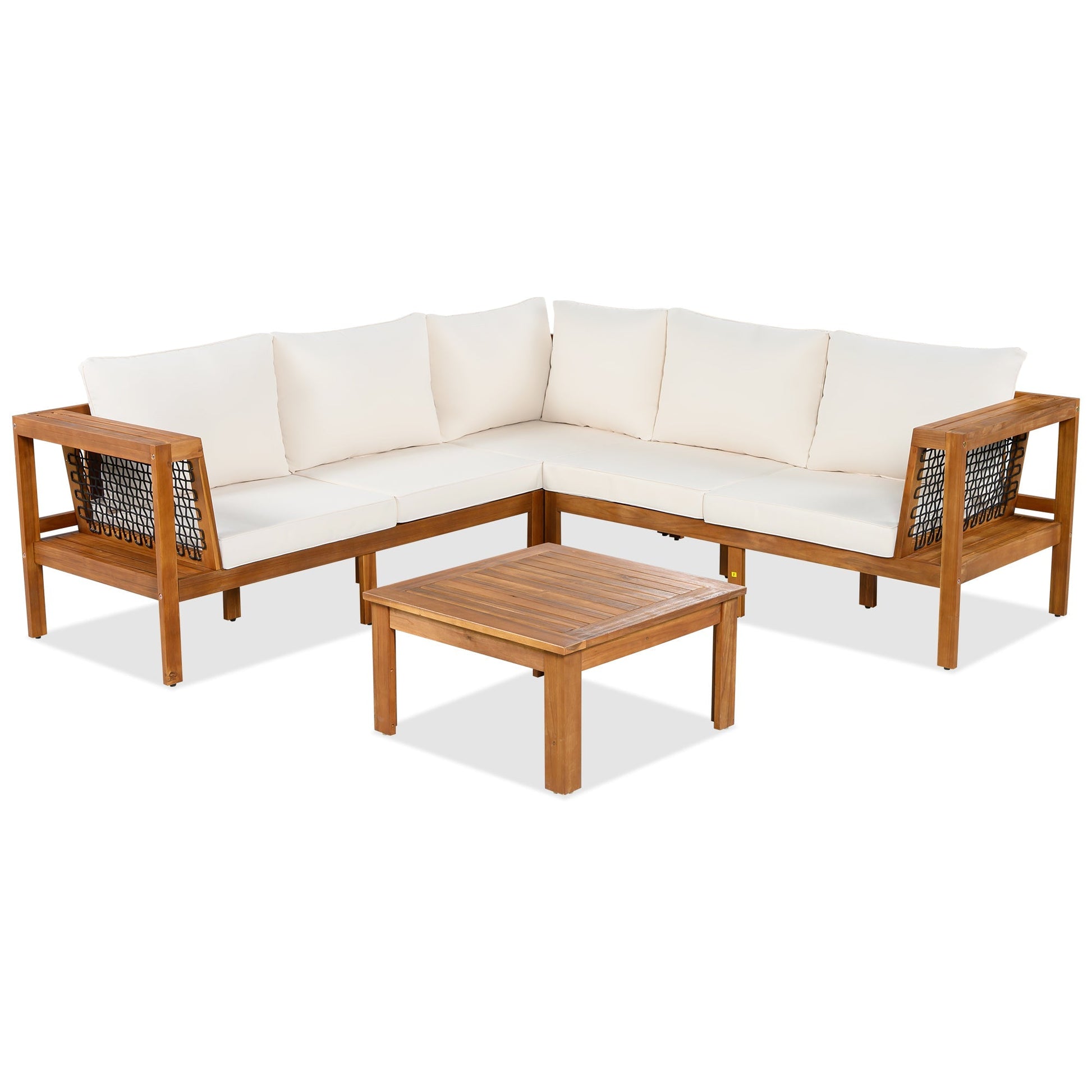 GO 4 Pieces Outdoor Acacia Wood Sofa Set with Coffee Table with cream cushions on Tampa Home & Garden Store